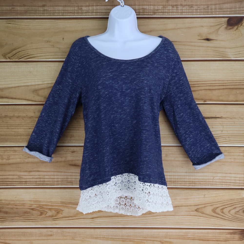 Style & Co. Blouse Womens Size M Blue‎ Heathered Lace Accent 3/4 Sleeves Stretch